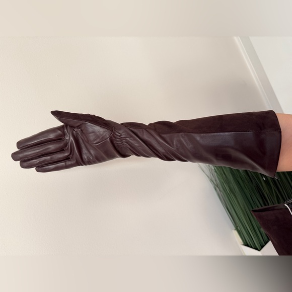NWT Long Leather & Suede Opera Gloves Brown Premium 6.5 - Picture 9 of 9